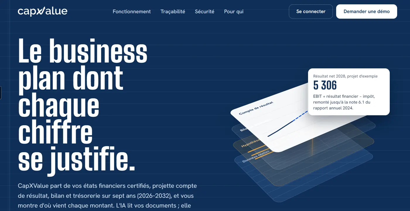Page d’accueil de CapXValue : « Le business plan dont chaque chiffre se justifie ».